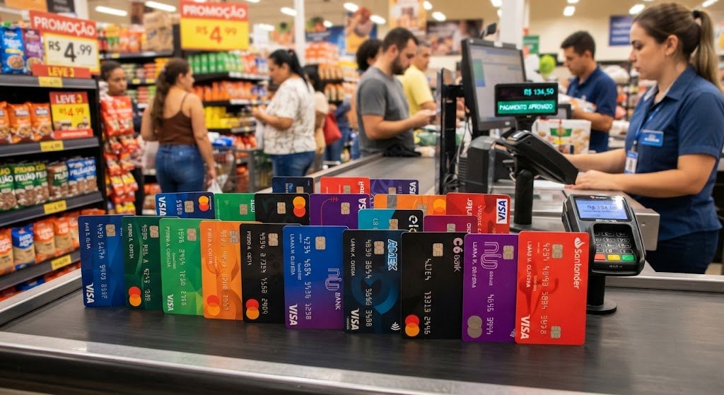 crédito está elegantemente organizada em pé, lado a lado, em uma fileira horizontal sobre uma superfície granulada de madeira clara. Os cartões estão dispostos em duas linhas: a superior com 7 e a inferior com 7, todos alinhados e apoiados verticalmente por uma ranhura sutil na madeira. Eles exibem designs variados de bancos como Santander, Bradesco, Nubank, Banco Inter, C6 Bank, Itaú, Caixa, Banco do Brasil, American Express e Mastercard, apresentando logotipos coloridos (laranja, roxo, azul, vermelho, amarelo), nomes dos titulares fictícios ("JOÃO SILVA", "MARIA OLIVEIRA", etc.), chips dourados, números em alto relevo e validades visíveis.