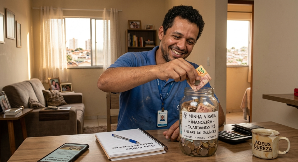 Trabalhador sorridente aprendendo como guardar dinheiro